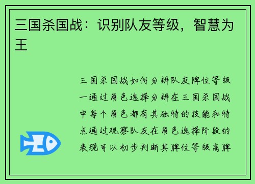 三国杀国战：识别队友等级，智慧为王